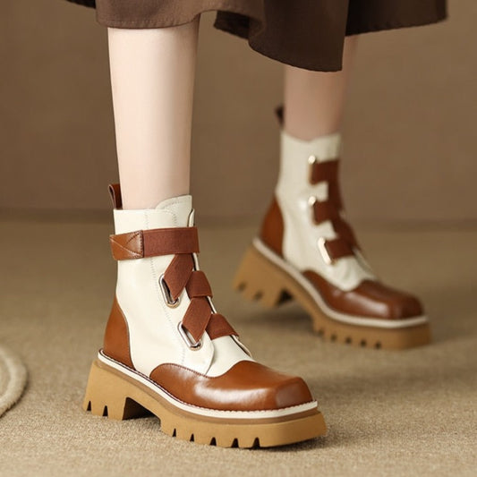 Ankle Boots Cow Leather Retro Thick Heels Sole Handmade For Lady
